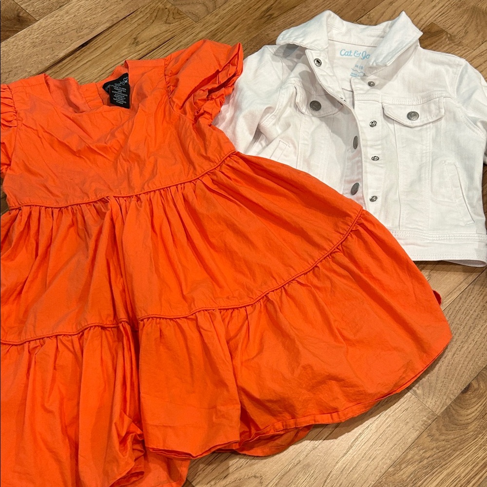Size 8 Bundle. Orange Dress and White Jean Jacket